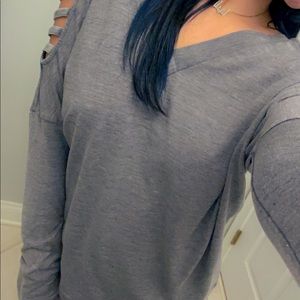 Dark Grey Goth Cut Shoulder Long Sleeve V-Neck Top